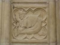 Lyon, Cathedrale St-Jean apres renovation, Portail, Plaque gravee, Homme sirene